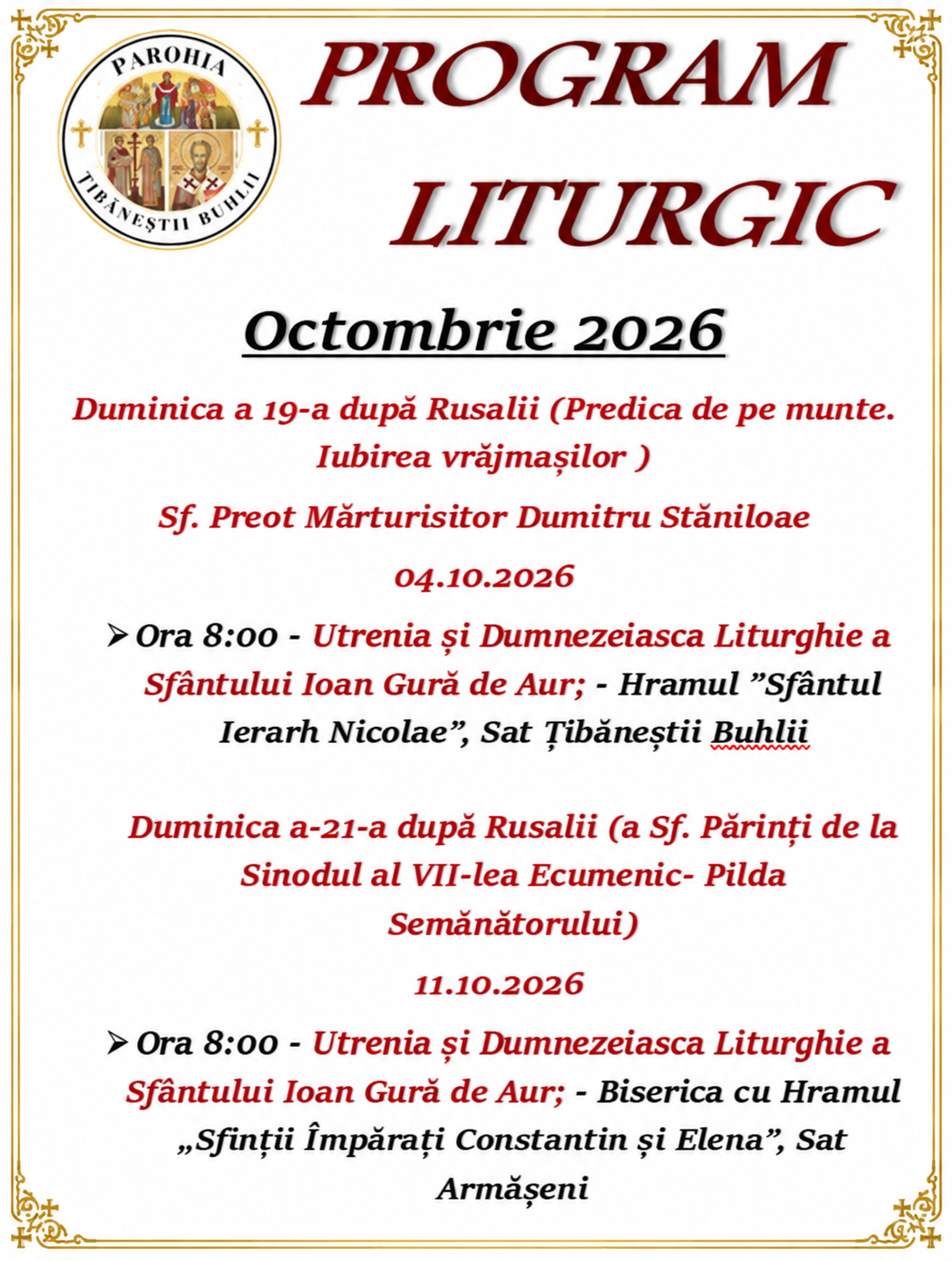Program liturgic octombrie 2026 - 4 și 11 octombrie