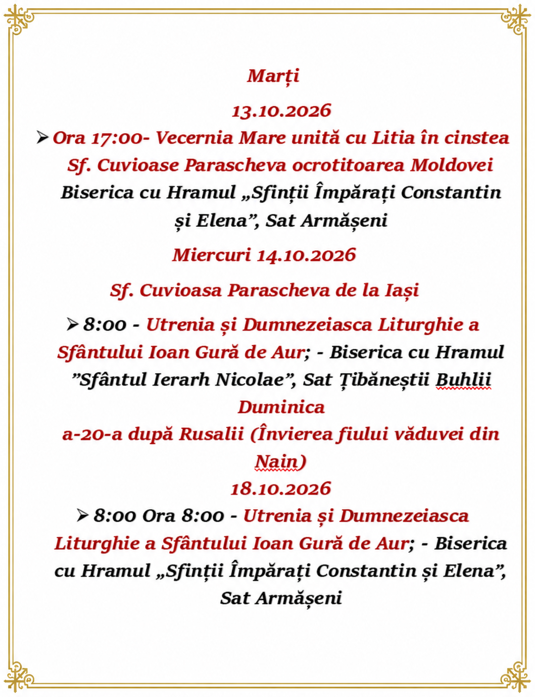 Program liturgic octombrie 2026 - 13, 14 și 18 octombrie