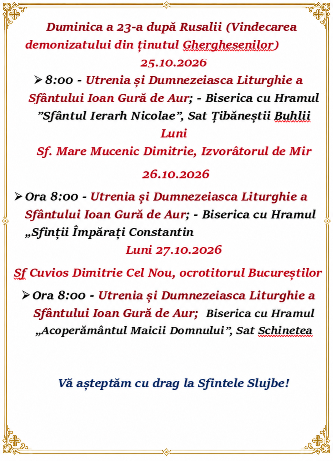 Program liturgic octombrie 2026 - 25, 26 și 27 octombrie
